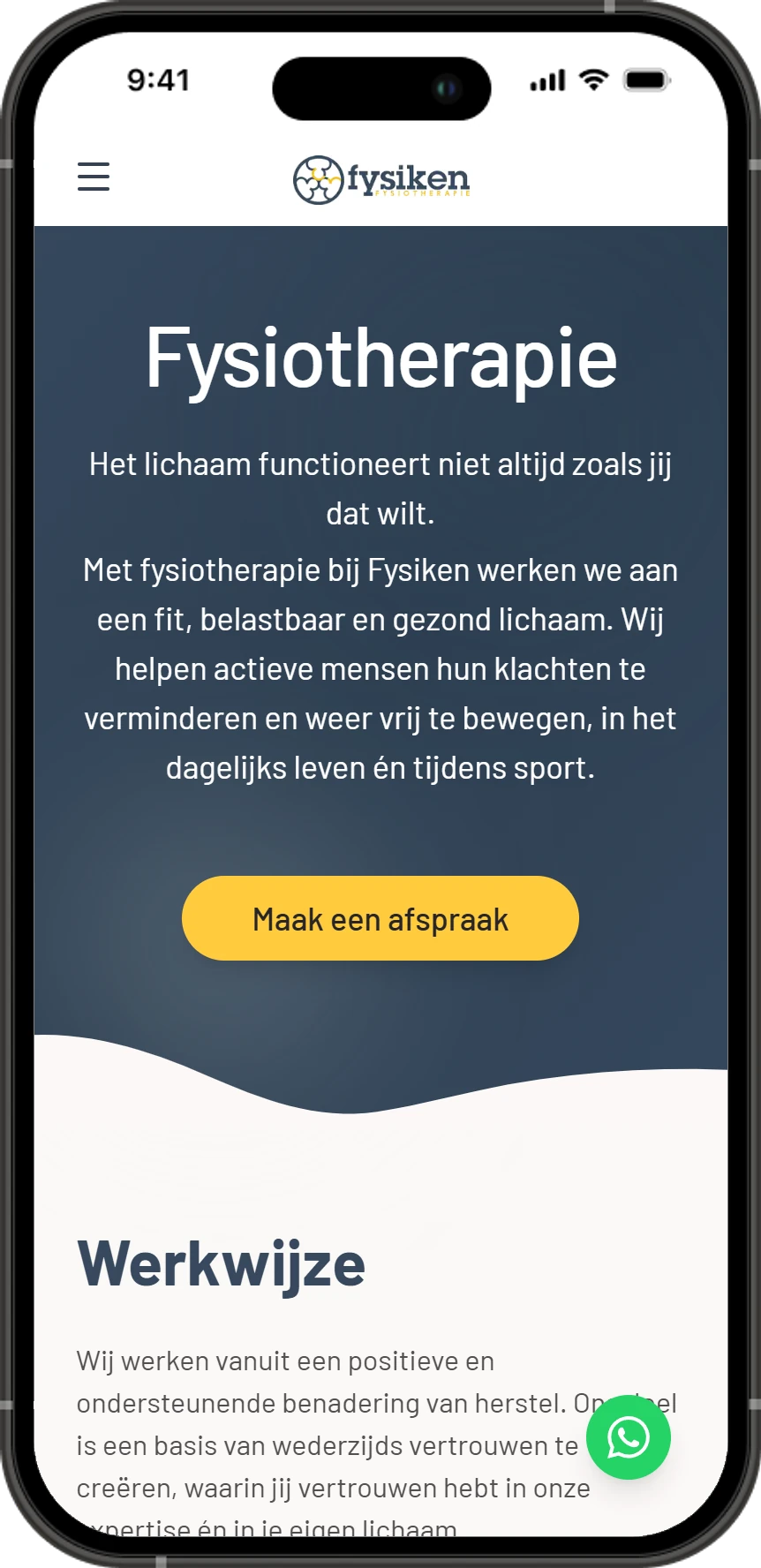 Fysiken fysiotherapiepagina op mobiel