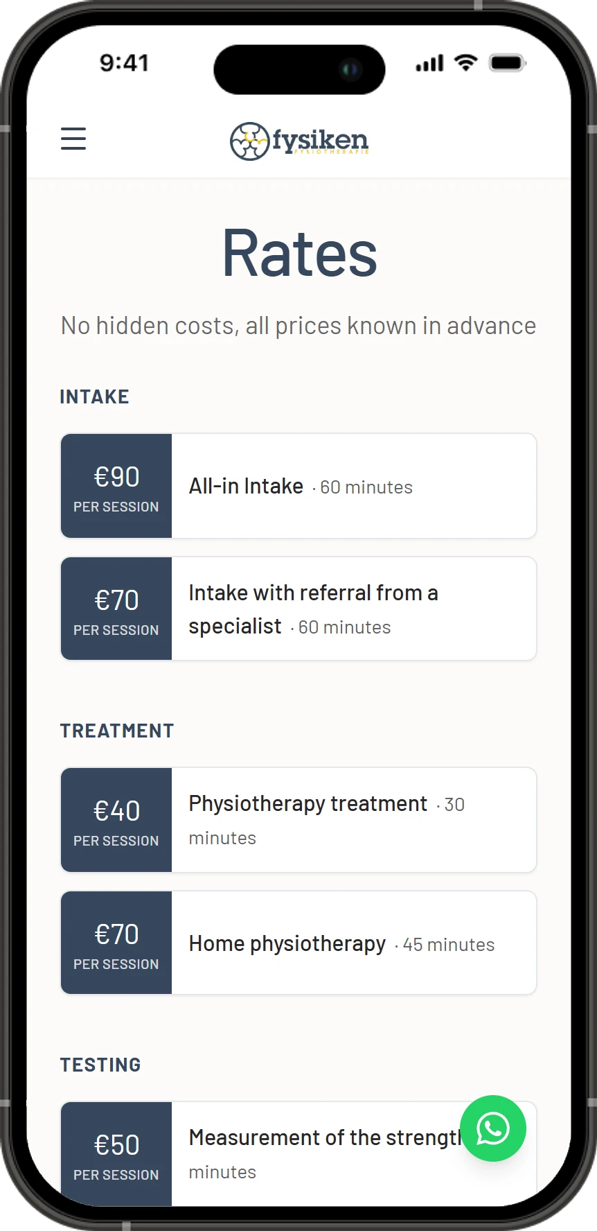 Fysiken rates page on mobile