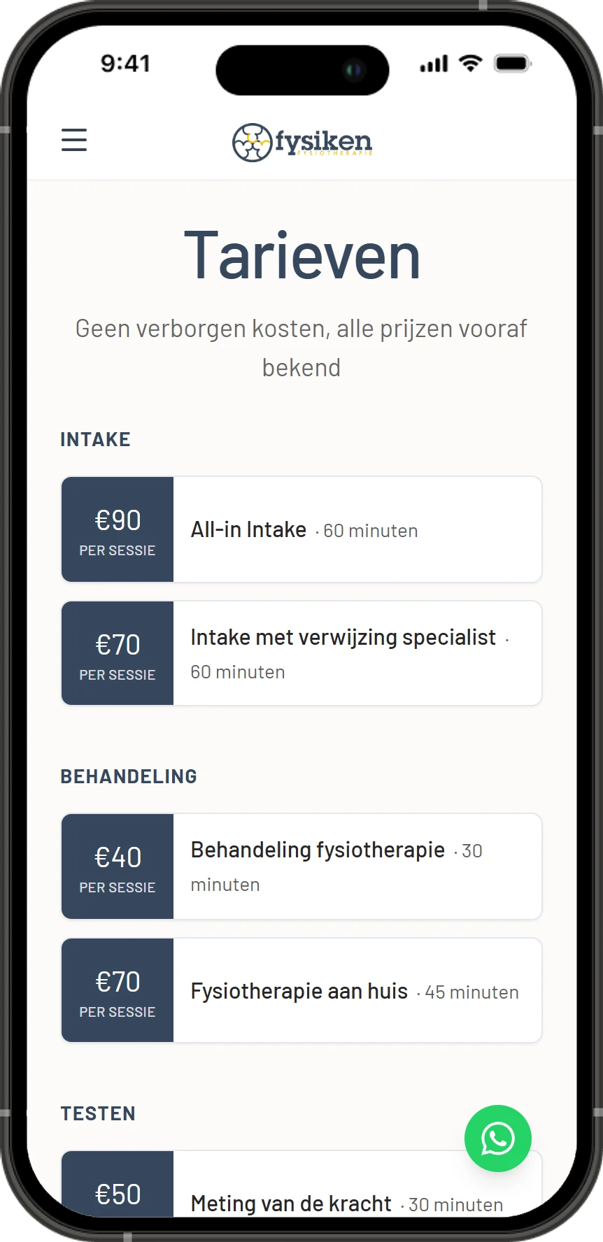 Fysiken tarievenpagina op mobiel