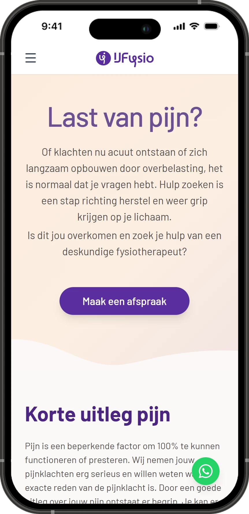 IJFysio pijnklachtenpagina op mobiel