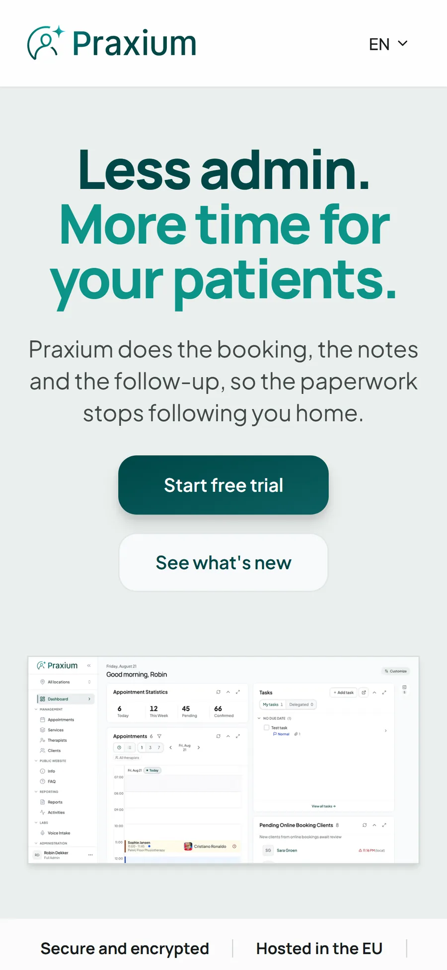 Praxium homepage on mobile