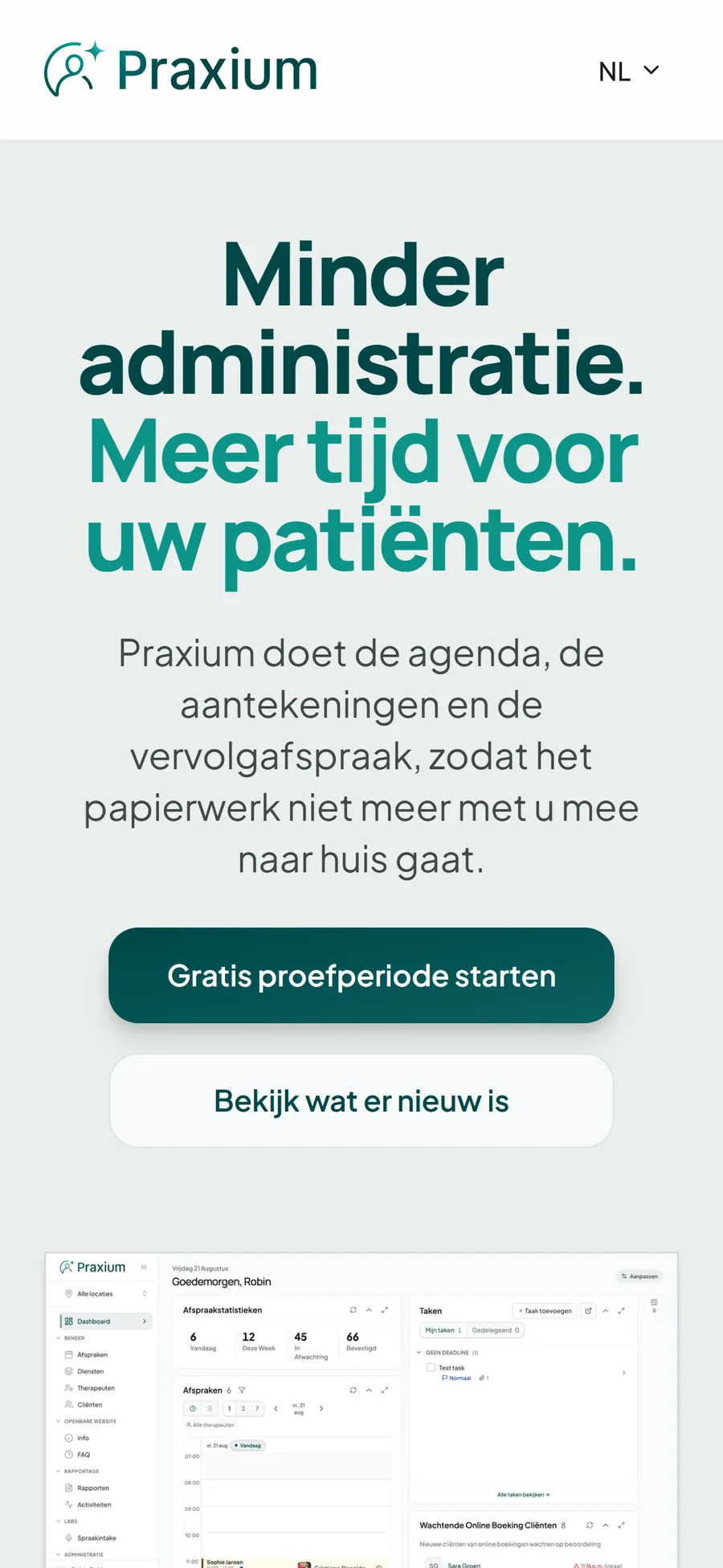 Praxium homepage op mobiel